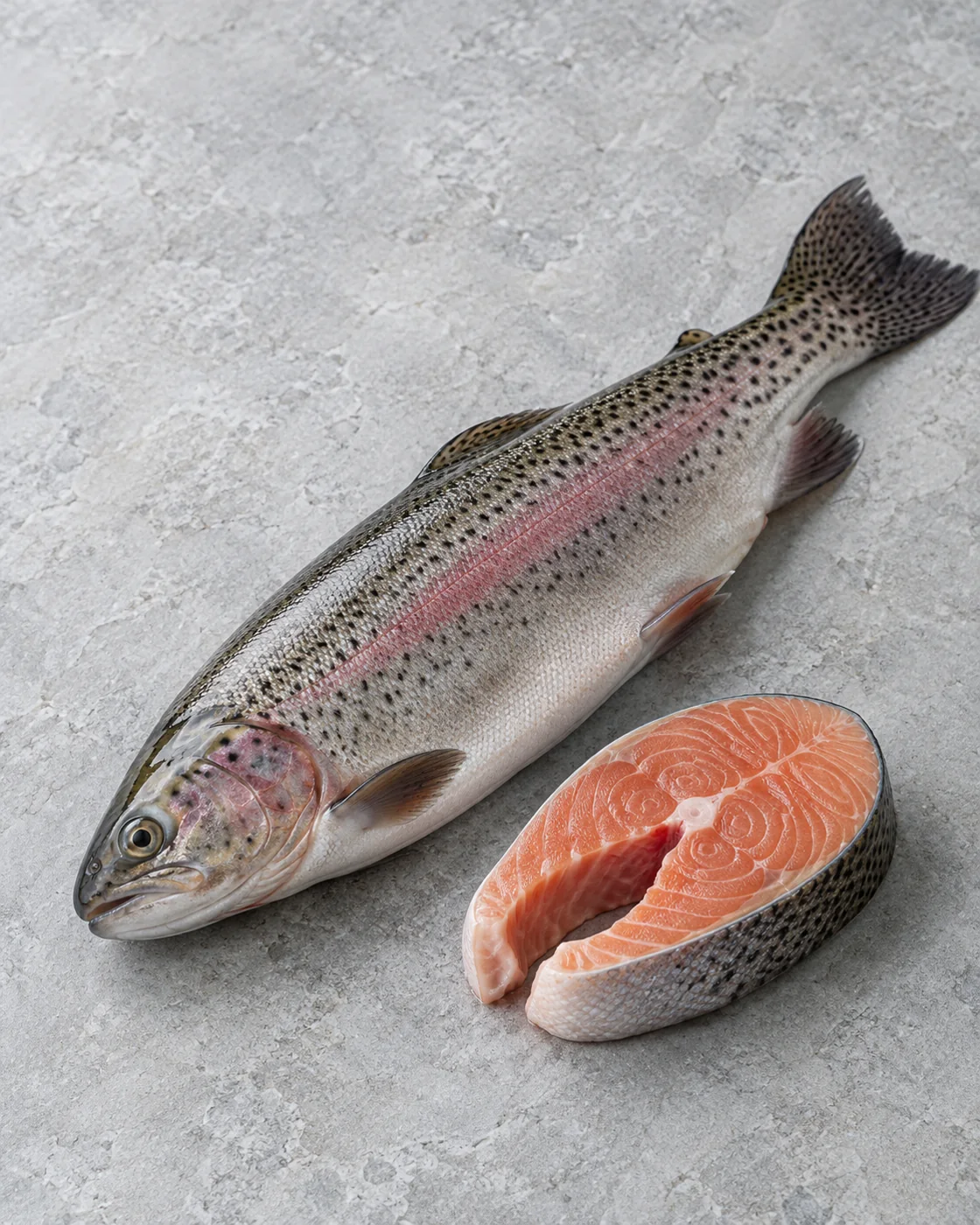 Свежая радужная форель и стейк на светлом камне